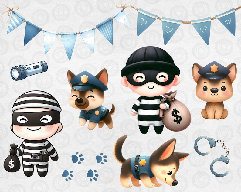 May include: A set of digital clipart featuring a police officer, a thief, and two dogs. The clipart is illustrated in a cartoon style with bright colors and playful expressions. The set includes a flashlight, handcuffs, and a bag of money.