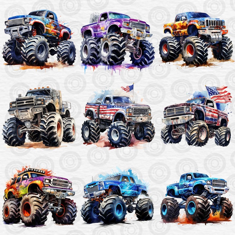 May include: Nine watercolor illustrations of monster trucks with large tires. The trucks are painted in various colors, including purple, blue, red, white, and black. Some trucks have American flag designs.