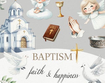Baptism Clipart Bundle, Christening Watercolor Clip Arts, Religious PNG, Dove, Church, First Communion, Baptismal Digital Paper, Boy Girl