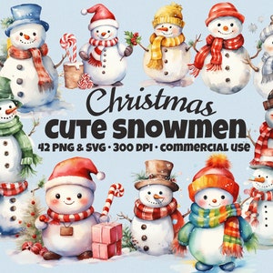 Cute Snowman Clipart Bundle, 42 Winter Snowmen, Christmas Bundle, Scrapbook, watercolor clipart, PNG SVG, instant download, commercial use