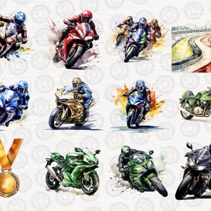 May include: A watercolor illustration of ten motorcycles, some with riders, on a white background with a circular pattern. The motorcycles are in various colors, including red, blue, green, black, and gold. One motorcycle is on a racetrack.