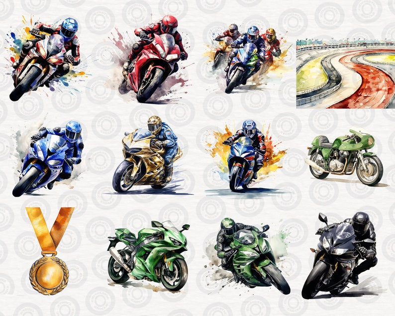May include: A watercolor illustration of ten motorcycles, some with riders, on a white background with a circular pattern. The motorcycles are in various colors, including red, blue, green, black, and gold. One motorcycle is on a racetrack.