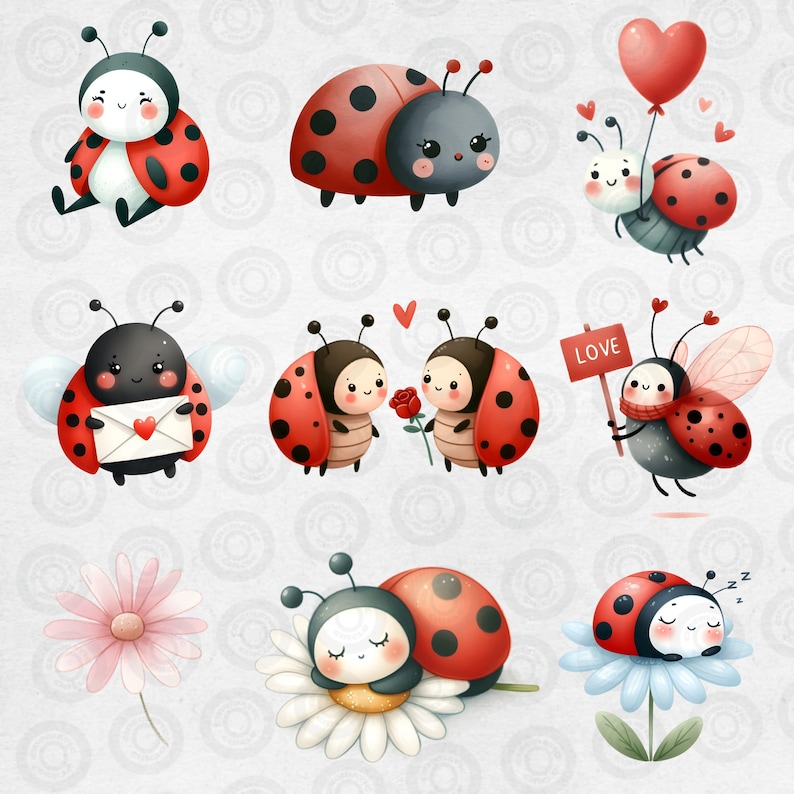 Puede incluir: Una colecci&oacute;n de lindas ilustraciones de mariquitas en varias poses, incluyendo una mariquita con un globo en forma de coraz&oacute;n, dos mariquitas tom&aacute;ndose de la mano, una mariquita con un cartel de amor y una mariquita durmiendo en una flor.