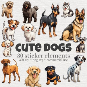 Paquete de imágenes prediseñadas de perros lindos, gráficos de cachorros, pegatinas de cachorros, razas de perros, animales bebés lindos, PNG SVG, uso comercial, descarga instantánea digital
