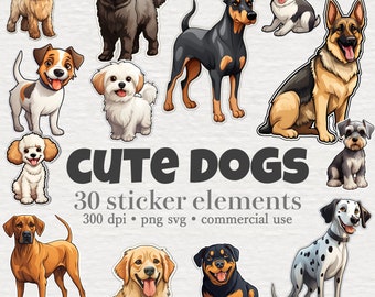 Cute Dogs Clipart Bundle, Puppies Graphics, Puppy Stickers, Dog Breeds, Cute Baby Animals, PNG SVG, Commercial Use, Digital Instant Download