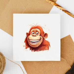 Puede incluir: Una ilustraci&oacute;n digital de un orangut&aacute;n con una gran sonrisa. El orangut&aacute;n tiene pelo naranja y est&aacute; sobre un fondo blanco con salpicaduras de acuarela.