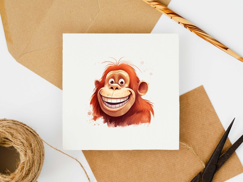Puede incluir: Una ilustraci&oacute;n digital de un orangut&aacute;n con una gran sonrisa. El orangut&aacute;n tiene pelo naranja y est&aacute; sobre un fondo blanco con salpicaduras de acuarela.