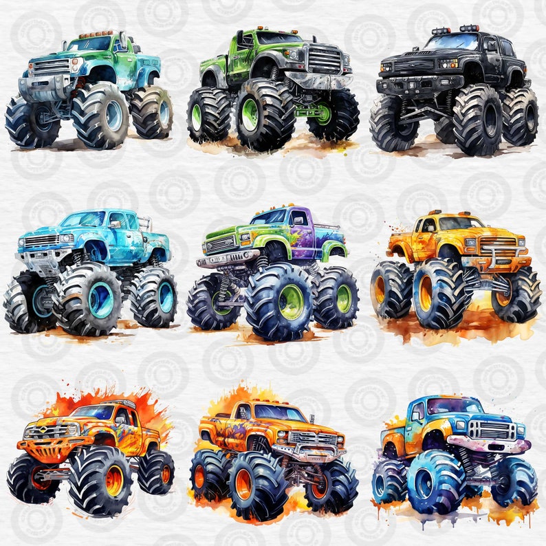 May include: A collection of ten monster trucks in various colors, including green, black, blue, yellow, and orange. Each truck has large tires and is decorated with different designs. The trucks are set against a white background with watercolor-style splatters.