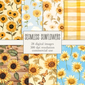 Ensemble de papier numérique tournesol sans couture, motifs de tournesols aquarelles, tournesols vintage, papillon, automne, téléchargement instantané numérique