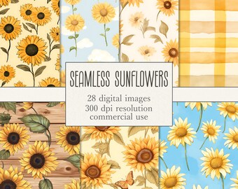 Seamless Sunflower Digital Paper Set, watercolor sunflower patterns, vintage sunflowers, butterfly, autumn, fall, digital instant download