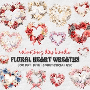Valentines Heart Wreath Clipart Set, Watercolor Wildflower Clipart, Red Pink Gold, Floral Valentines Day, Love Branch Wreath, Commercial Use