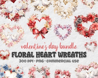 Valentines Heart Wreath Clipart Set, Watercolor Wildflower Clipart, Red Pink Gold, Floral Valentines Day, Love Branch Wreath, Commercial Use