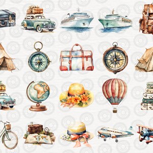 May include: A watercolor illustration of various travel-themed items, including a vintage car, a globe, a compass, a hot air balloon, a suitcase, a tent, a hat, a plane, and a bicycle. The illustration is set against a background of white circles.