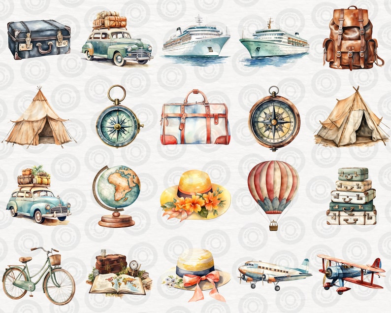 May include: A watercolor illustration of various travel-themed items, including a vintage car, a globe, a compass, a hot air balloon, a suitcase, a tent, a hat, a plane, and a bicycle. The illustration is set against a background of white circles.