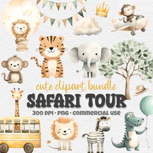 Cute Safari Clipart Bundle, Watercolor Safari Tour, Elephant, Hippo, Lion Tiger, Giraffe, Baby Nursery PNG, Digital Download, Commercial Use