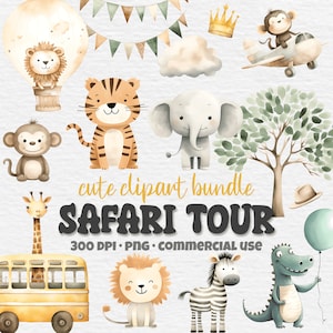 Lindo paquete de imágenes prediseñadas de safari, safari en acuarela, elefante, hipopótamo, león, tigre, jirafa, guardería infantil PNG, descarga digital, uso comercial