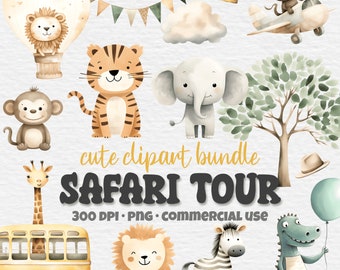 Cute Safari Clipart Bundle, Watercolor Safari Tour, Elephant, Hippo, Lion Tiger, Giraffe, Baby Nursery PNG, Digital Download, Commercial Use