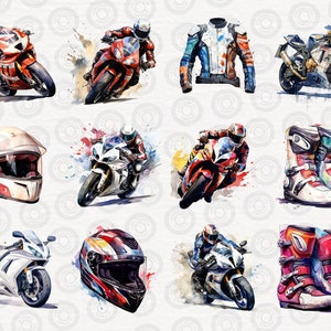 May include: A watercolor illustration of motorcycle racing gear, including helmets, boots, and jackets. The illustration features a variety of colors and designs, including red, white, blue, black, and green.