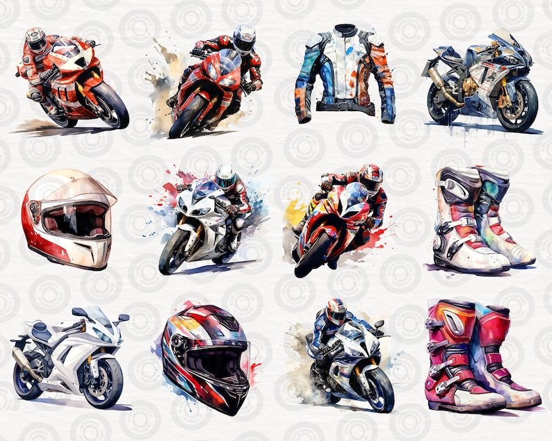 May include: A watercolor illustration of motorcycle racing gear, including helmets, boots, and jackets. The illustration features a variety of colors and designs, including red, white, blue, black, and green.