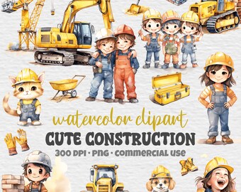 48 Cute Construction Clipart Bundle, Watercolor Construction Site, Kids Excavator Bulldozer, PNG, Invitations, Nursery Decor, Commercial Use
