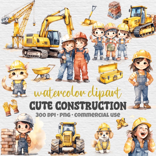 48 Cute Construction Clipart Bundle, Watercolor Construction Site, Kids Excavator Bulldozer, PNG, Invitations, Nursery Decor, Commercial Use
