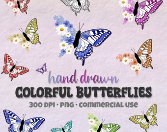 Hand Drawn Floral Butterfly Clipart Bundle, Colorful Butterflies, Flower Wings, 20 High Quality PNGs, Transparent Background, Commercial Use