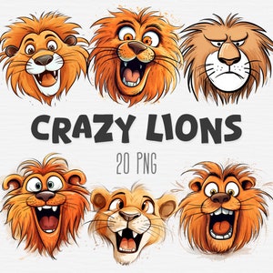 Clipart de lion drôle et fou, Lions PNG, Lionne aquarelle, Animaux mignons, Visage de lion drôle, Utilisation commerciale, Téléchargement numérique