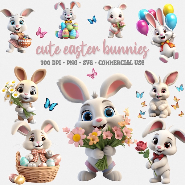 Cute Easter Bunny Clipart, Easter Clipart Bundle, Bunnies Clipart, Easter Eggs, Easter Flowers, Spring, Balloons, Nursery Decor, PNG & SVG