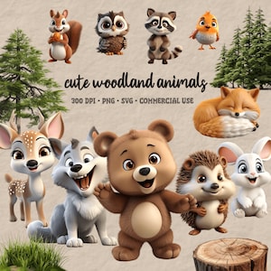 Cute Woodland Animals, Baby Animals Clipart, Forest, Bear, Deer, Fox, Racoon, Hedgehog, Rabbit, Owl, SVG and PNG, Baby Shower, Nursery Decor