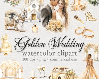 May include: Watercolor clipart set with a golden wedding theme. Includes a church, a carriage, a bride and groom, wedding rings, champagne flutes, a cake, a car, a candle, flowers, and a bride in a gown.