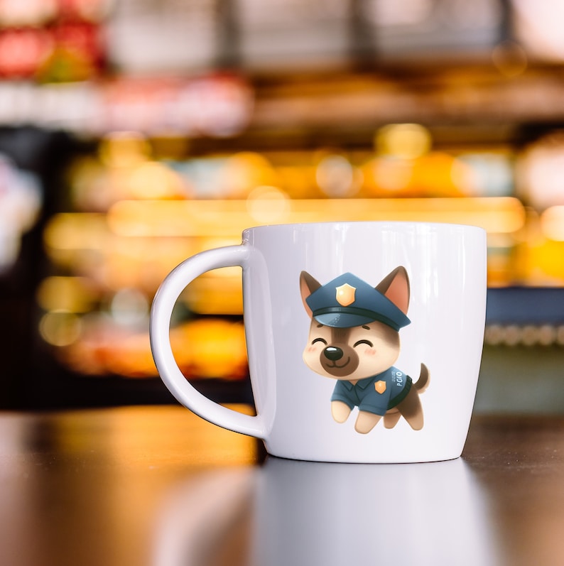 May include: White ceramic mug with a cartoon illustration of a dog wearing a police officer's hat and uniform. The dog is smiling and has a friendly expression.