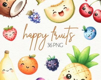Happy Fruits Clipart Bundle, Cute Food PNG, Watercolor Summer, Kawaii Clip Art, Cute Fruit, Summer Fruits Graphics, Digital Instant Download