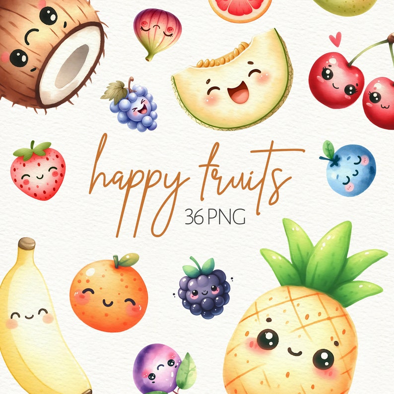 K&ouml;nnte beinhalten: Ein Set mit 36 digitalen Illustrationen von verschiedenen Fr&uuml;chten mit niedlichen Comic-Gesichtern. Die Fr&uuml;chte umfassen eine Ananas, eine Banane, eine Kokosnuss, eine Erdbeere, eine Melone, eine Traube, eine Blaubeere, eine Brombeere, eine Feige, eine Orange und eine Kirsche. Der Text "happy fruits 36 PNG" ist in brauner Kursivschrift geschrieben.