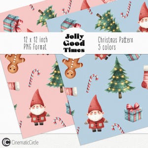Sweet Christmas digitaal papier, Santa aquarel graphics, wintervakantie PNG, kerstkarakters papieren, naadloos patroon, rood blauw groen