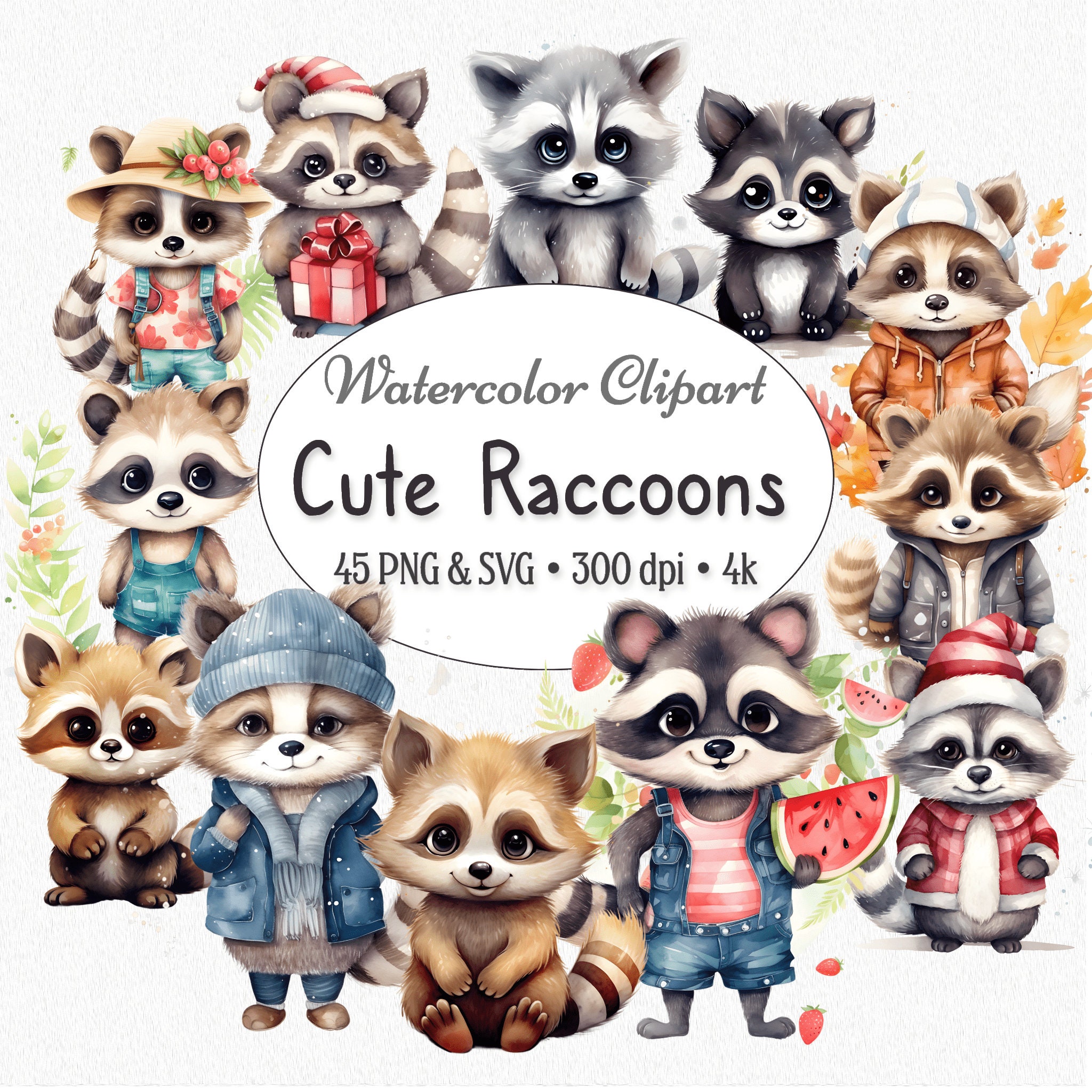 Watercolor Cute Racoon Clipart Bundle, Racoon PNG & SVG, Baby Animal ...