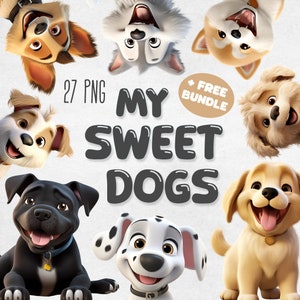 Cute Dogs Clipart Bundle, Cute Puppy PNG, Cartoon Dog, 27 images de haute qualité, bébés animaux imprimables, artisanat en papier numérique, utilisation commerciale