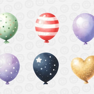 May include: Six colorful balloons with different patterns. A green balloon with white polka dots, a red and white striped balloon, a purple balloon, a purple balloon with white polka dots, a blue balloon with white stars, and a gold heart-shaped balloon.