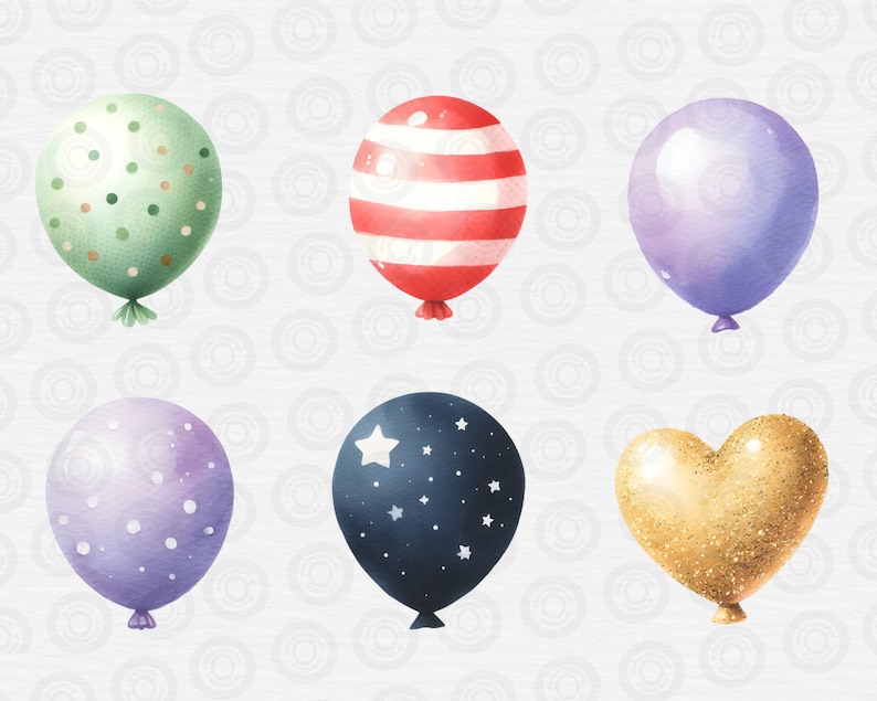 May include: Six colorful balloons with different patterns. A green balloon with white polka dots, a red and white striped balloon, a purple balloon, a purple balloon with white polka dots, a blue balloon with white stars, and a gold heart-shaped balloon.