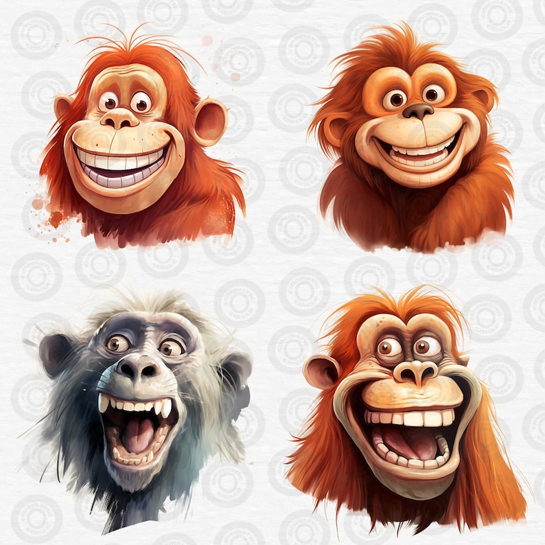 Puede incluir: Cuatro ilustraciones diferentes de orangutanes con diversas expresiones faciales. Los orangutanes est&aacute;n representados con un pelaje naranja brillante y tienen un estilo de dibujos animados.