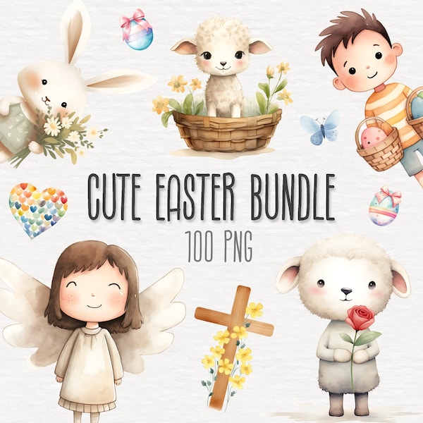 100 Cute Easter Clipart Bundle, Watercolor Easter Bunny, Easter Egg Basket, Lamb Chick, Spring PNG Graphics, Nursery Decor, Digital Download