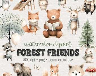 Puede incluir: Conjunto de clipart de acuarela de amigos del bosque. El conjunto incluye un zorro, un oso, un mapache, un ciervo, un erizo, una ardilla, un búho, un tejón, un jabalí, un conejo y un lobo. Los animales llevan todos atuendos lindos y sostienen objetos como libros, tazas y globos. El conjunto es perfecto para crear invitaciones, tarjetas y otras manualidades.