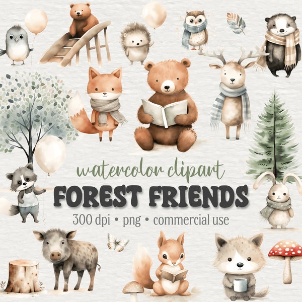 Paquete de imágenes prediseñadas de Forest Friends, acuarela Animales del bosque, lindos animales bebés, zorro, oso, conejo, ciervo, erizo, búho, decoración de guardería, 45 png