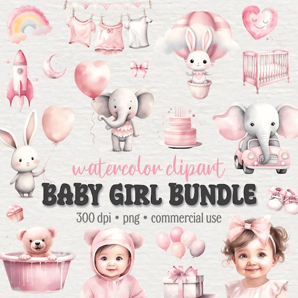 Watercolor Baby Girl Clipart Bundle, Pink Baby Shower, Cute Newborn Nursery, 1st Birthday, Balloon, teddy bear, PNG graphics, Commercial Use