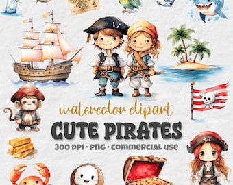 Cute Pirates Clipart Bundle, Watercolor Clipart PNG, Children Buccaneers Scalleywags, Pirate Ship Flag, Ocean, Card Making, Instant Download