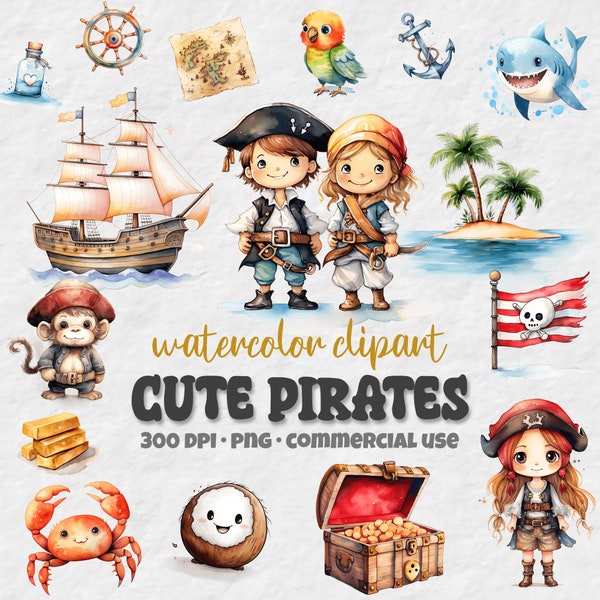 Cute Pirates Clipart Bundle, Watercolor Clipart PNG, Children Buccaneers Scalleywags, Pirate Ship Flag, Ocean, Card Making, Instant Download