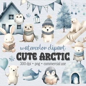Lindo paquete de imágenes prediseñadas árticas, animales bebés de Navidad, acuarela PNG, país de las maravillas de invierno, polo norte, guardería, uso comercial, descarga digital