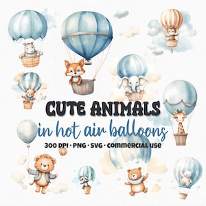 Clipart di simpatici animali, clipart ad acquerello, clip art in mongolfiera, cuccioli di animali, decorazioni per la scuola materna, baby shower, PNG e SVG, download digitale