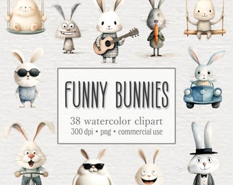 38 Funny Bunny Clipart Bundle, Cute Rabbits, Watercolor Crazy Bunnies PNG, Cartoon Animals, Nursery, Scrapbooking, Digital Instant Download