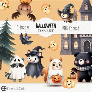 Pack d'images clipart Forêt d'Halloween, adorables bébés animaux PNG, images fantômes de loup-garou, chauve-souris, citrouille effrayante, chapeau de sorcière, enfants, château, utilisation commerciale