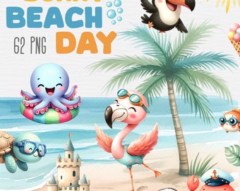 May include: A digital illustration of a sunny beach day with a pink flamingo, a blue octopus, a toucan, a crab, a turtle, a sandcastle, and a coconut. The text "Sunny Beach Day" is written in the top left corner of the image.